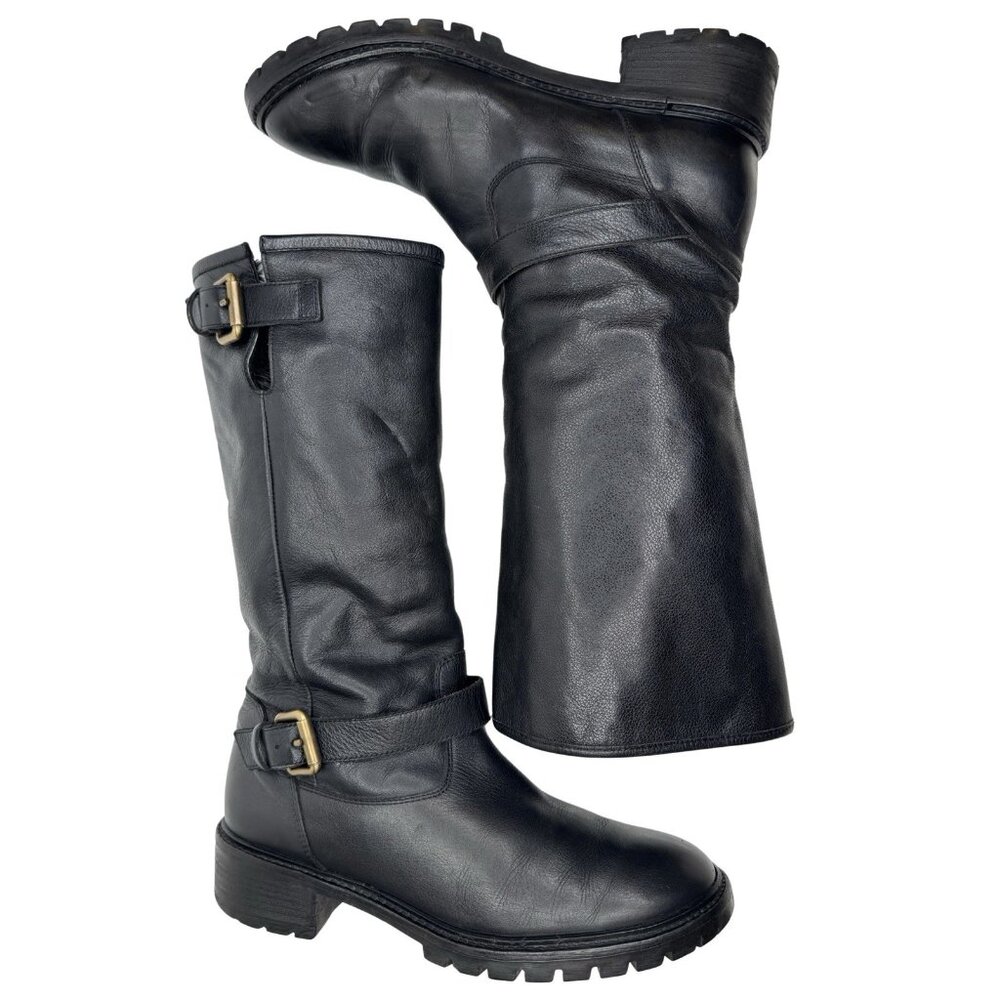 Fendi 38.5 Black Leather Fur Moto Biker Boots Buckle